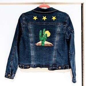Cowboycore Western Womens Baccini Jean Jacket Sz PM Sequin & Bead Cactus Patch